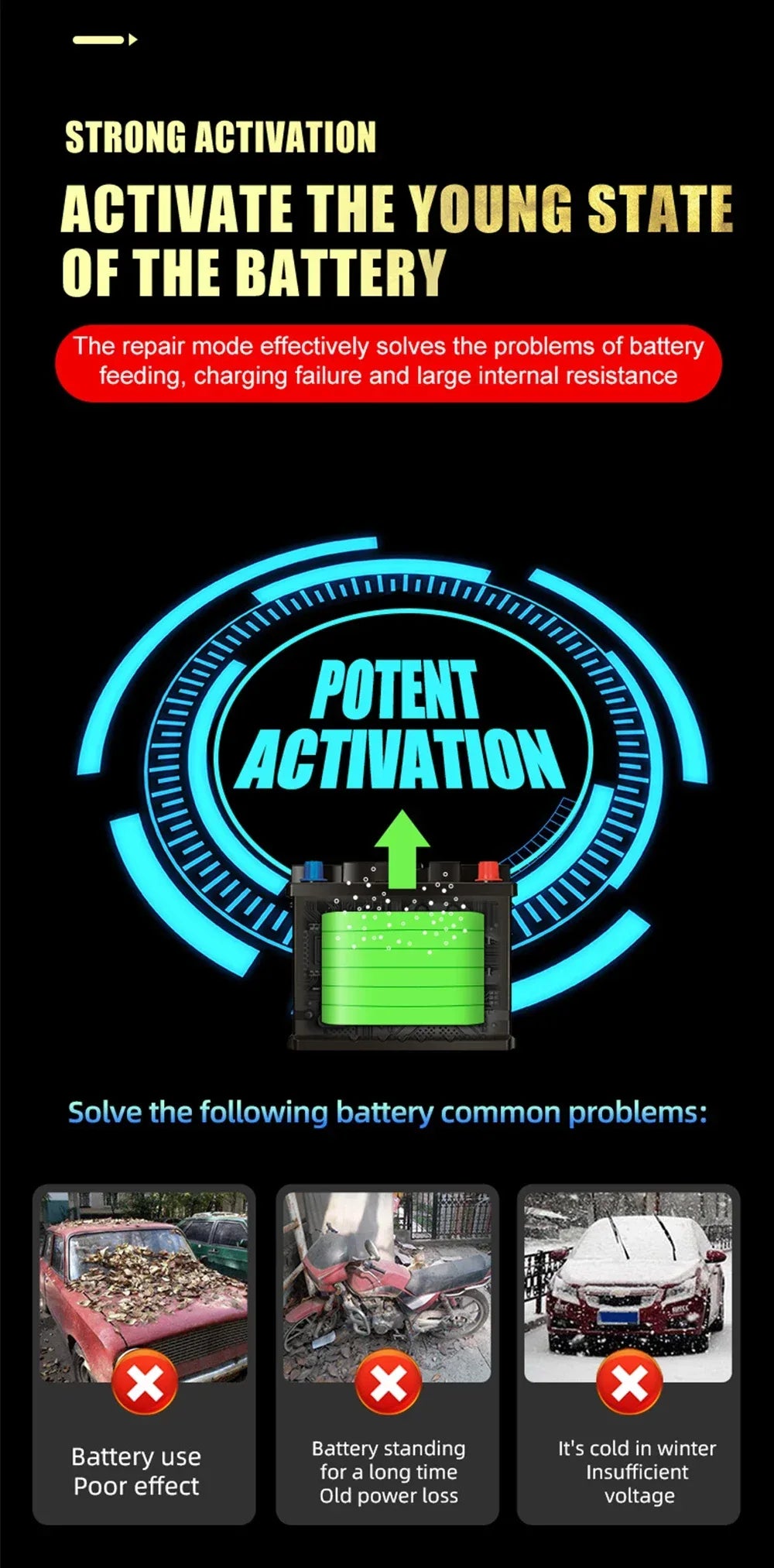 Pulse Repair Car Battery Charger 12V Output Current 10A Max Digital Display Summer Winter Mode Lead-Acid Battery Charger