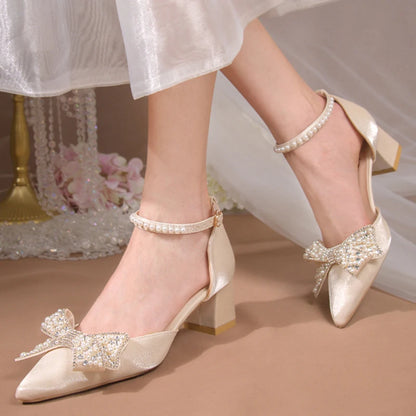 Maogu 2023 Pearl Bowtie Ankle Strap High Heels Shoes Woman Beige Red Bling Crystal Wedding Shoes Elegant Med Heels Women's Pumps