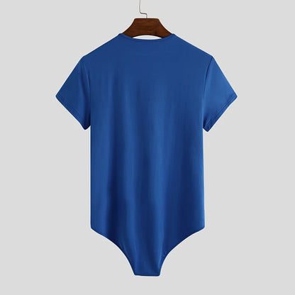 INCERUN Men Bodysuit Solid Color Pajamas Sexy 2023 Breathable Short Sleeve O-neck Rompers Underwear Fitness Men Bodysuits S-5XL