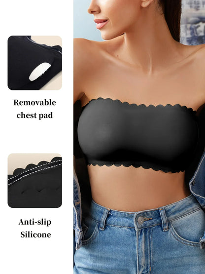 Hot Sale New Design Effective Slip-proof Scallop Side One Piece Bralette Padded Ice Silk Seamless Strapless Bra For Women