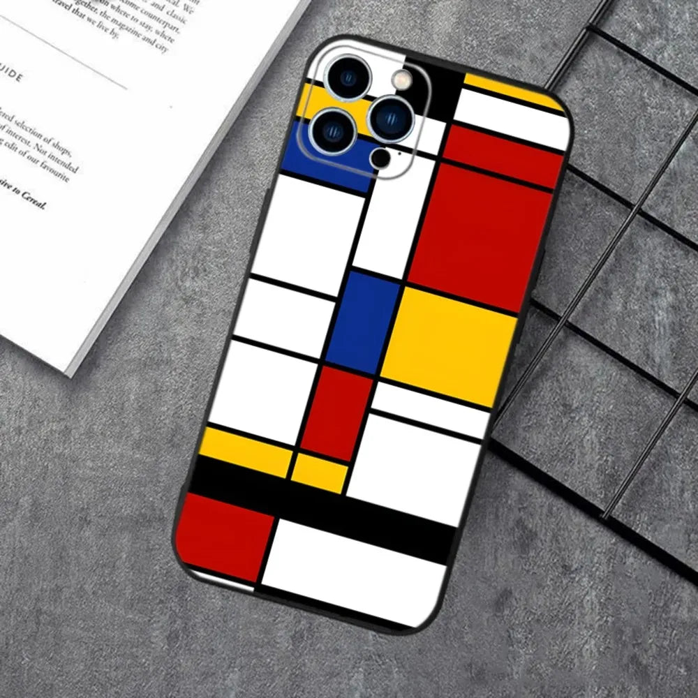 Pattern Abstract Piet Mondrian Phone Case For iPhone 16,15,14,13,12,11,XS,XR,X,8,7,Pro,Max,Plus,mini Silicone Black Cover