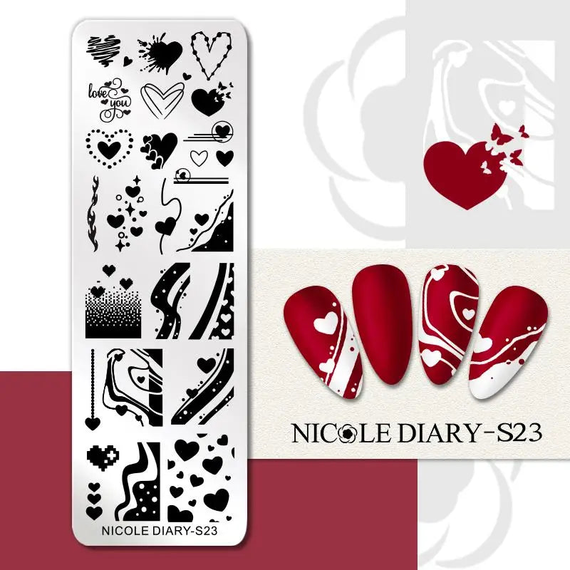 NICOLE DIARY Rose Flower Nail Stamping Plates Image Template Valentine's day Love Heart Printing Stencil Nail Art Manicure Tools