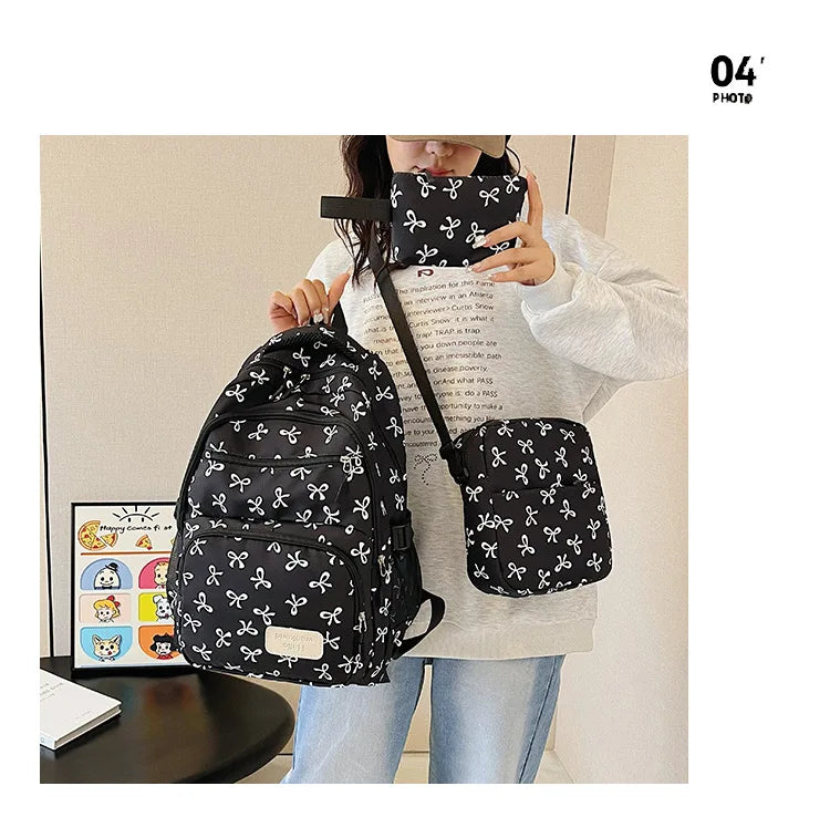 3 Pcs/Set Cute girl Large Capacity Backpack Bow Print Nylon Schoolbag Adjustable Strap Women daily Campus Backpack