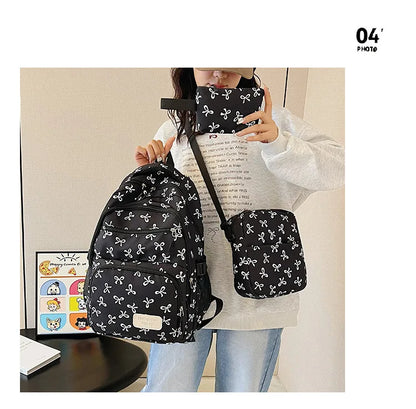 3 Pcs/Set Cute girl Large Capacity Backpack Bow Print Nylon Schoolbag Adjustable Strap Women daily Campus Backpack