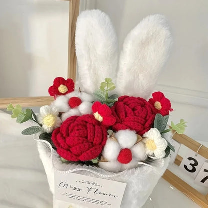 Rabbit Ears Crochet Flower Bouquet Handmade Completed Flower Bouquet with Gift Bag Creative Knit Rose Bouquet for Mother's Day