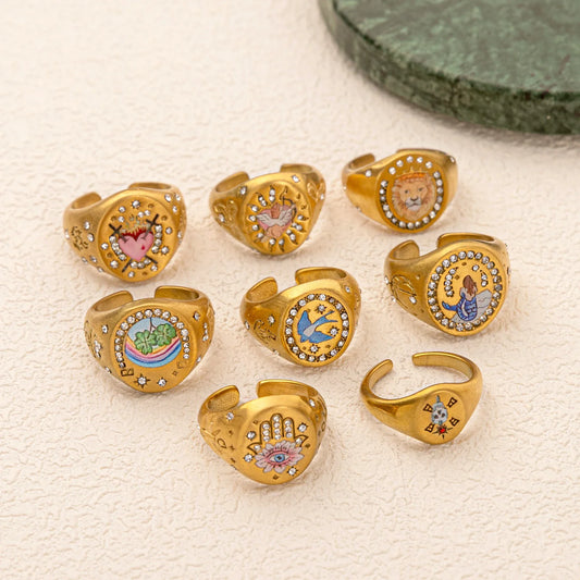 Stainless steel fashionable and popular Valentine's Day lion mermaid love painted ring with gold plating and color preservation