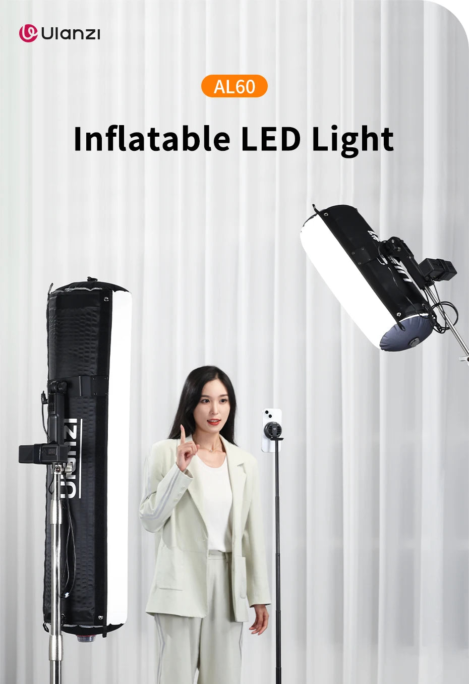 Ulanzi AL60 Inflatable Foldable Air Tube Light LED Light Fill Light 2700-6500K 2070Lux/0.5m with Remote control for Photography