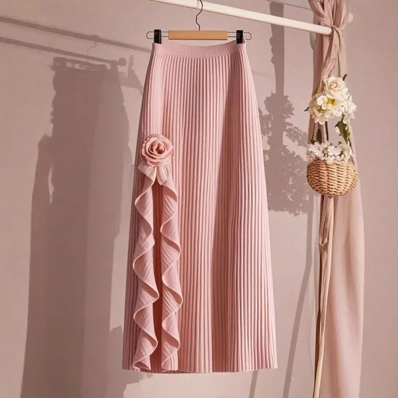 Spring Autumn Winter Elegant Irregular Pleated Skirt for Women Elastic A-line High Waist Midi Skirt White Black Flower Skirts