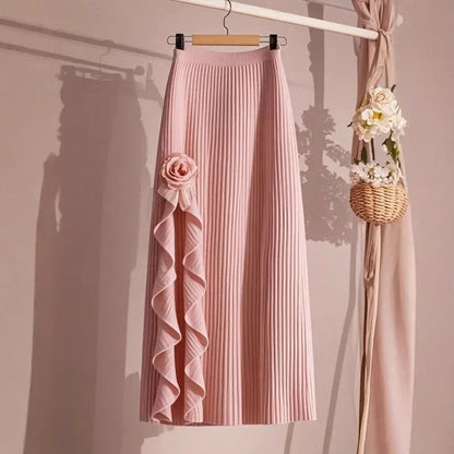 Spring Autumn Winter Elegant Irregular Pleated Skirt for Women Elastic A-line High Waist Midi Skirt White Black Flower Skirts