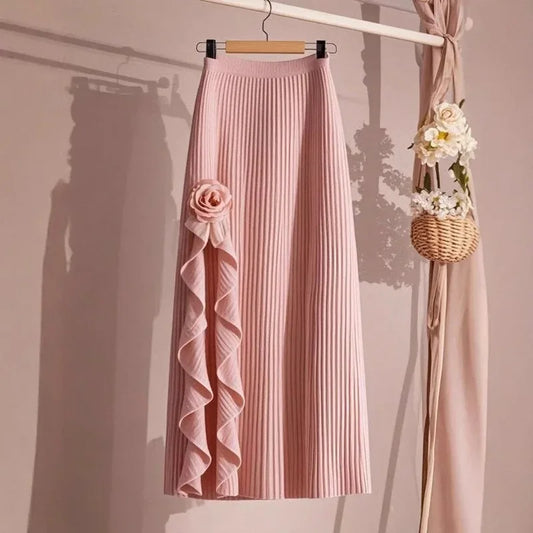 Spring Autumn Winter Elegant Irregular Pleated Skirt for Women Elastic A-line High Waist Midi Skirt White Black Flower Skirts