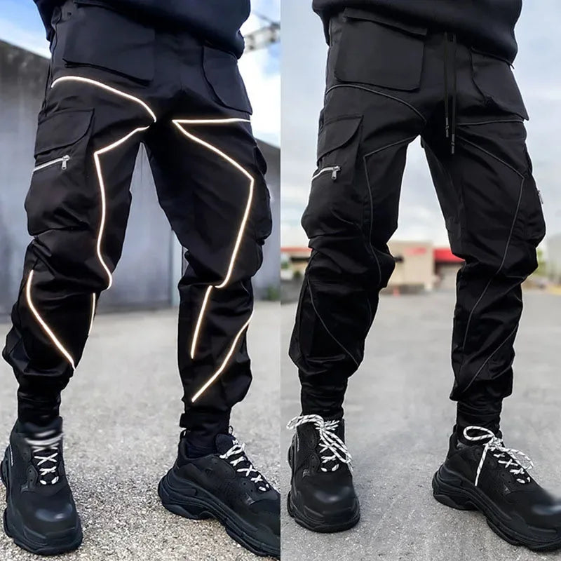 Men Casual Black Cargo Pants Oversize Striped Pocket Sweatpants Gym Sports Fitness Hip Hop Jogger Baggy Trousers Pantalon Hommes