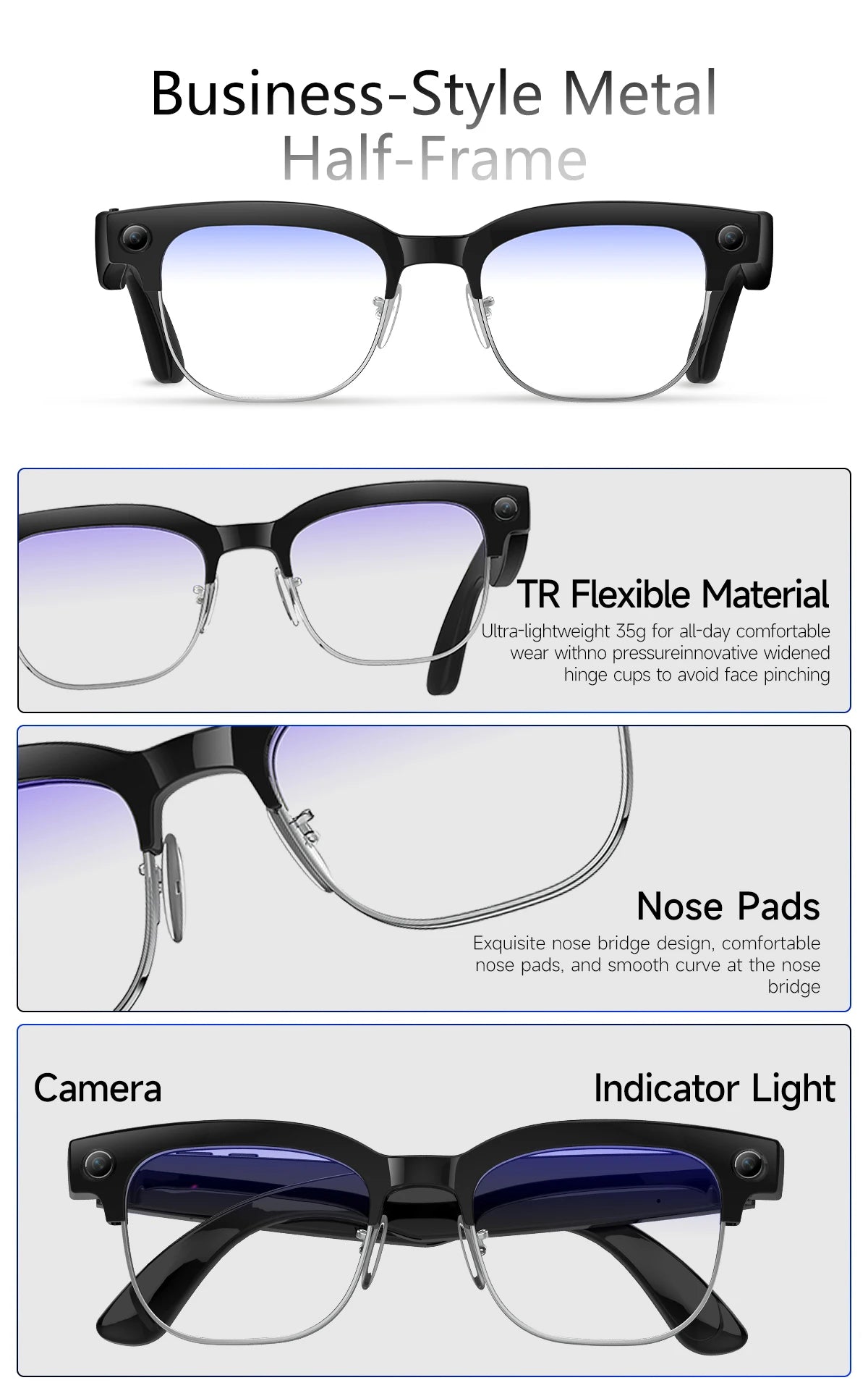Lunettes intelligentes avec traduction IA, caméra HD 8 mégapixels, stabilisation optique de l'image, double microphone et réduction du bruit.