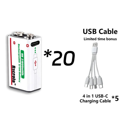 Rechargeable 9V Battery USB-C Charge,21800mWh Long-lasting 9V Li-Ion Battery with Free Cable,for Smoke Alarm,Camera,Clocks,Audio