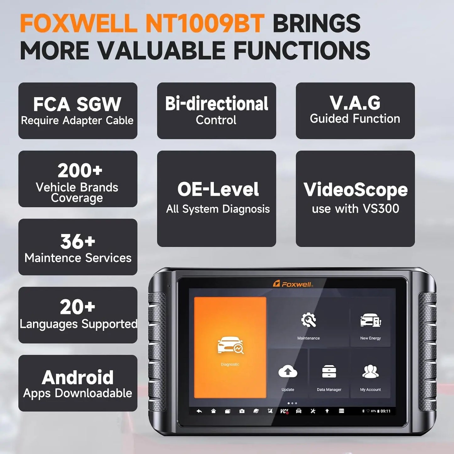 FOXWELL NT1009 OBD2 Car Scanner All System ECU Coding Bidirectional CANFD DOIP Topology Mapping 36+ Reset Auto Diagnosis Tools