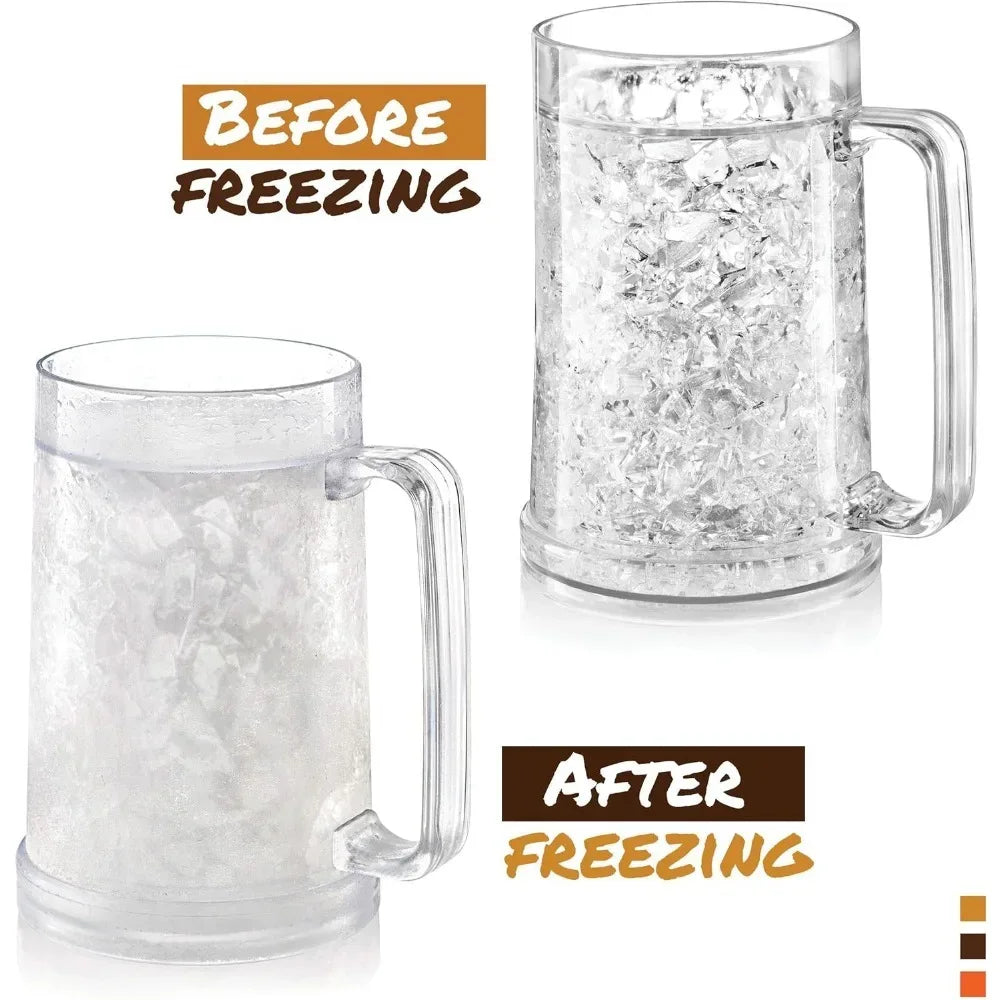 Double Wall Gel Frosty Freezer Ice Mugs Beer Mug with Handles Transparent Whiskey Glasses for Bar Outdoor Drinking Glasses