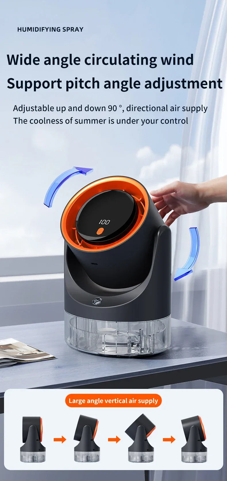 TINSOL New Compact Mini Electric Fan with Single-Hole Mist Air Conditioner Ice-Cool Humidifying Circulating Fan 360° Adjustable