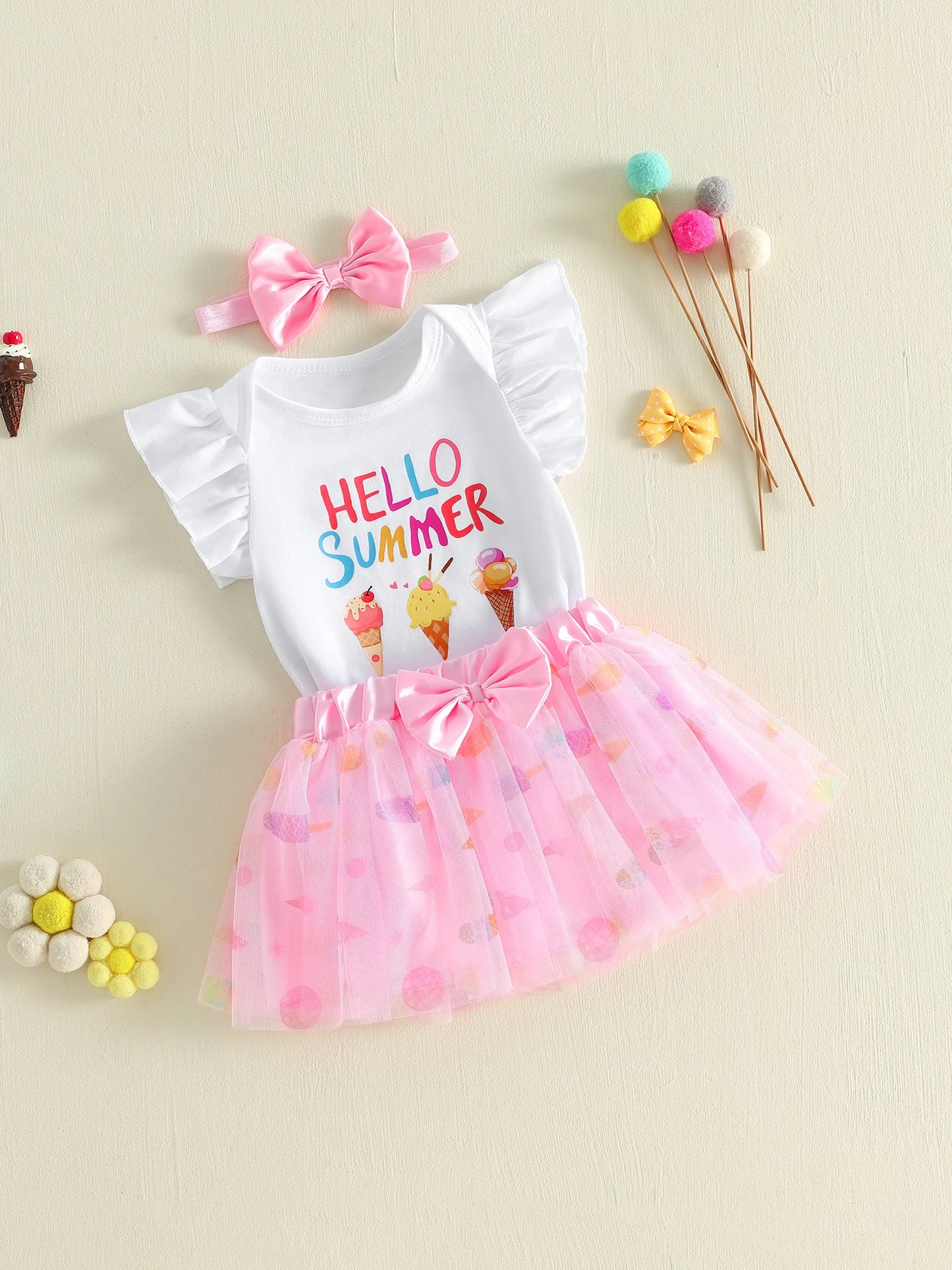 3Pcs Infant Girl Outfit Crew Neck Flying Sleeve Summer Themed Ice Cream Print Romper Tulle Skirt Headband Set