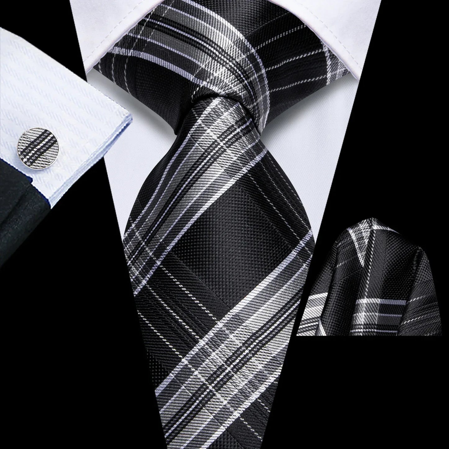 Hi-Tie  Black Red Heart Plaids Mens Fashion Necktie Handkerchief Cufflinks for Tuxedo Classic Tie Man Gift Valentine's Day