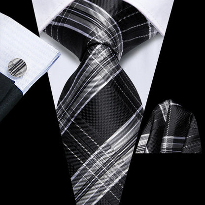 Hi-Tie  Black Red Heart Plaids Mens Fashion Necktie Handkerchief Cufflinks for Tuxedo Classic Tie Man Gift Valentine's Day