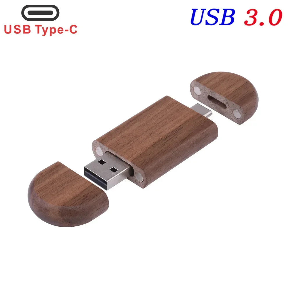 2 IN 1 TYPE-C USB 3.0 Flash Drive 128GB Free Custom Logo Pen Drive 64GB Wooden Pendant Memory Stick 32GB Creative Wedding Gift