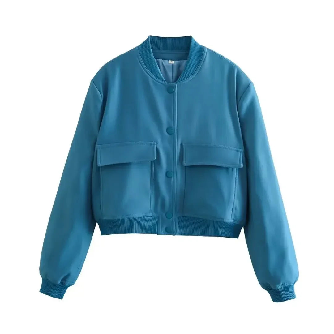 EDSA Woman Bomber Jacket White Autumn Winter Button Cropped Jackets for Women Fashion Long Sleeve Crop Outerwear