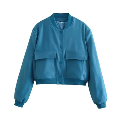 EDSA Woman Bomber Jacket White Autumn Winter Button Cropped Jackets for Women Fashion Long Sleeve Crop Outerwear