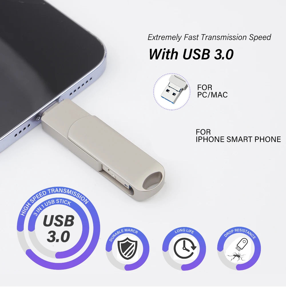 Rotate USB 3.0 Flash Drive 8GB 16GB with 3-in-1 Type-C to Lightning Interface 32GB Pendrive for iPad 11/12/13/14
