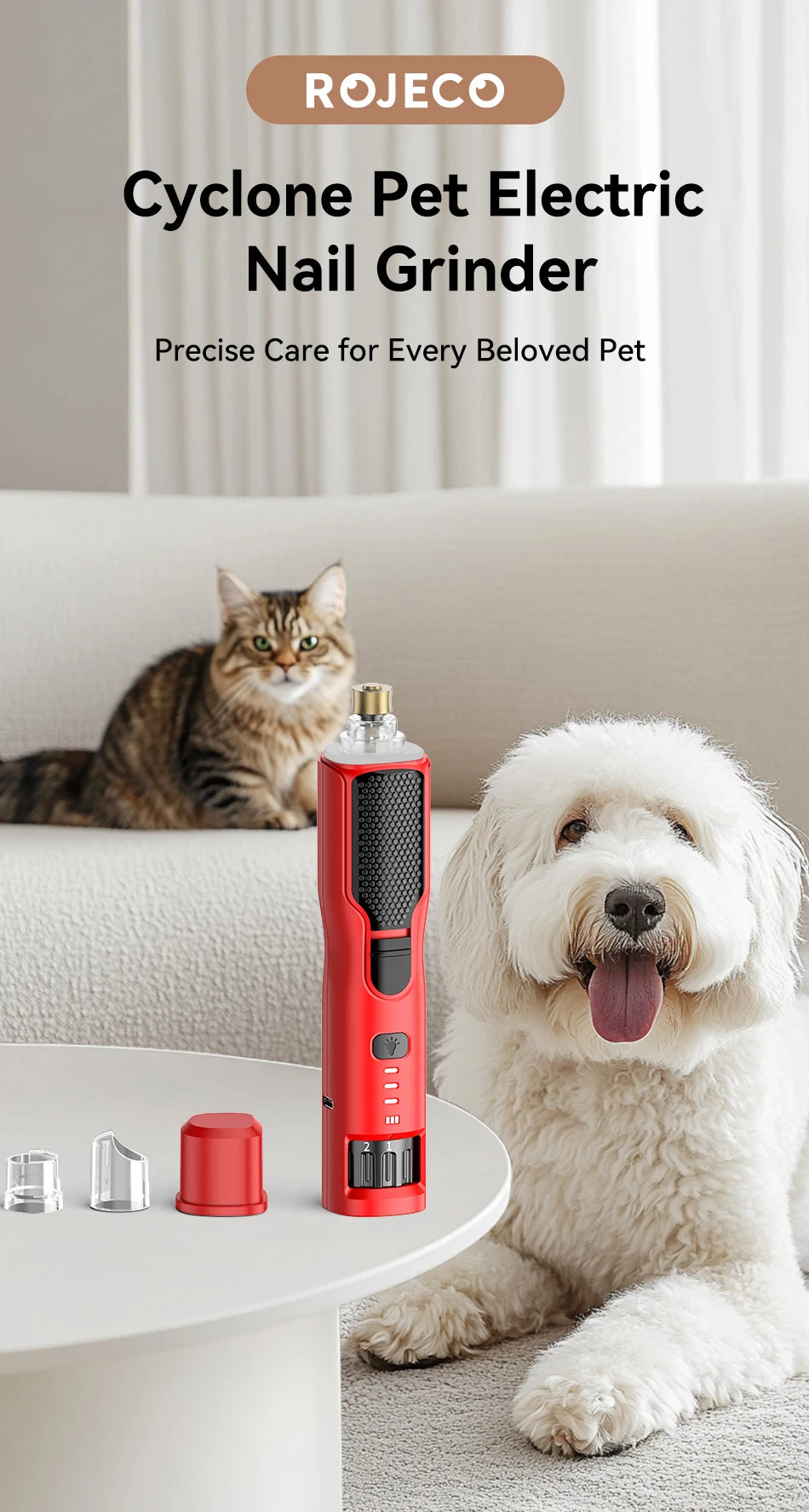 ROJECO Pet Electric Nail Grinder Rechargeable Dog Paw Grooming Nail Clipper LED Light 7 Speeds Adjustable Cat Claw Nail Grinder
