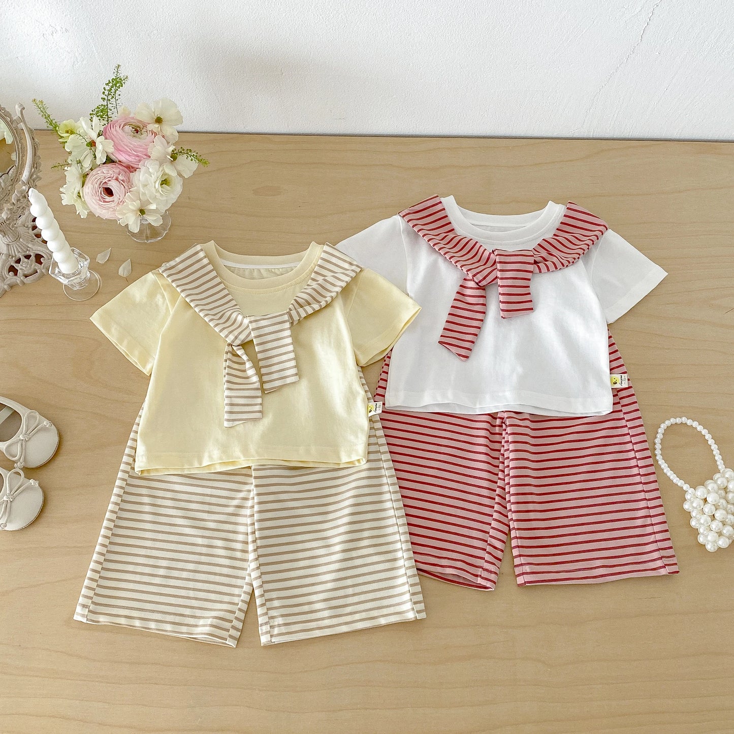 Summer new style baby striped shawl short sleeve wide leg pants two-piece set Korean version girl fashionable suit