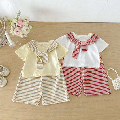 Summer new style baby striped shawl short sleeve wide leg pants two-piece set Korean version girl fashionable suit