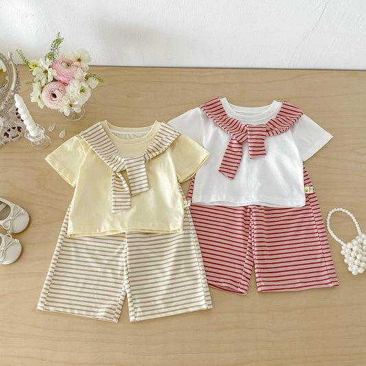 Summer new style baby striped shawl short sleeve wide leg pants two-piece set Korean version girl fashionable suit