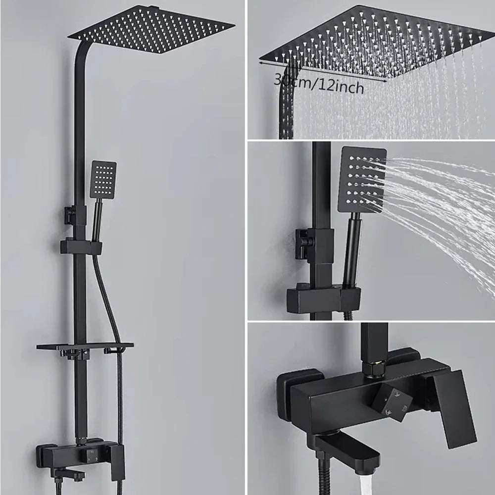 Chrome Brass Shower Faucet Set Rainfall Bathtub Tap With Bathroom Shelf 4 Function Height Adjust Shower Mixer Crane Fast Delivey