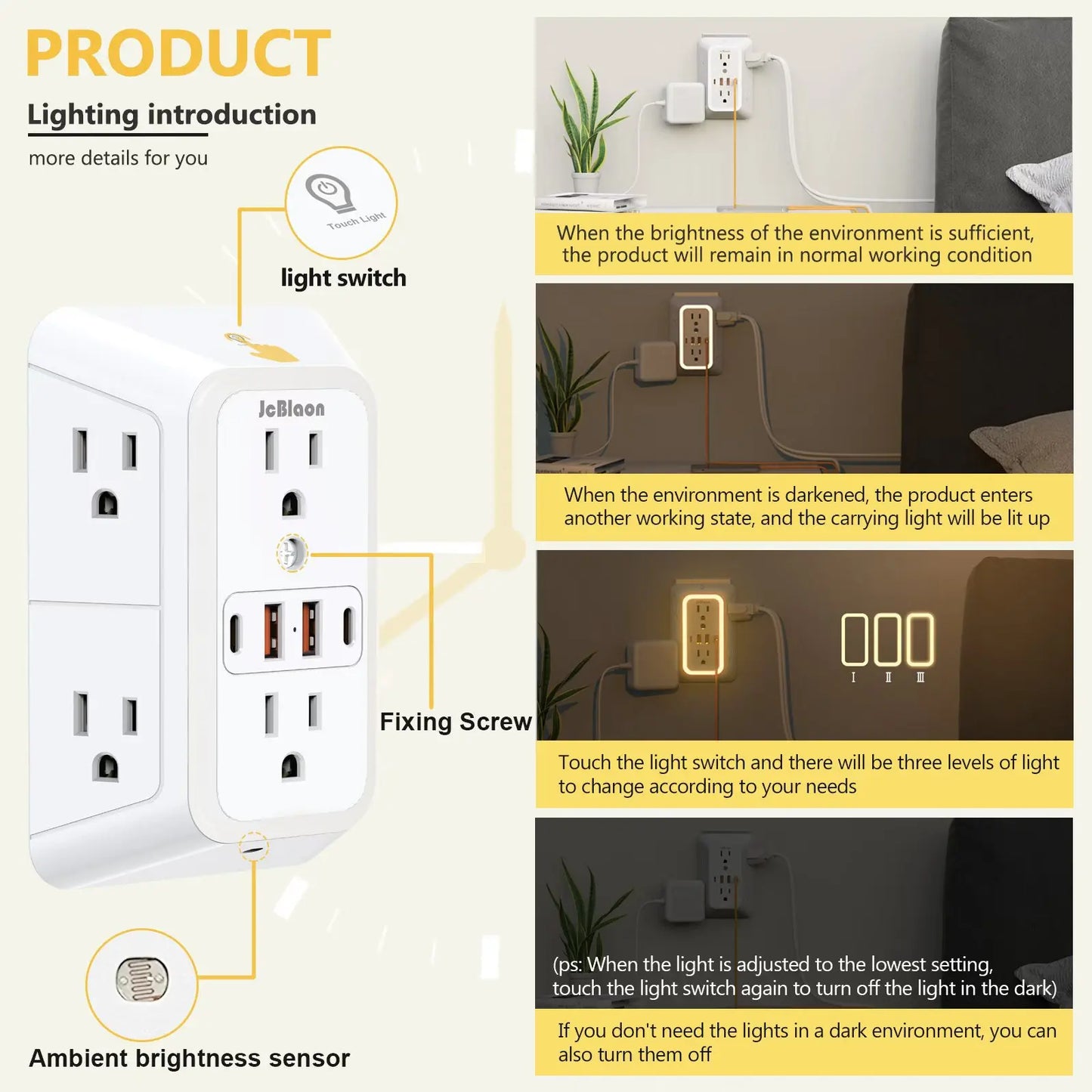 US AC Plug with Induced Light Wall Mounted Power Strip Multi-sockets Network Filter with USB Charging Network Filter Adapter