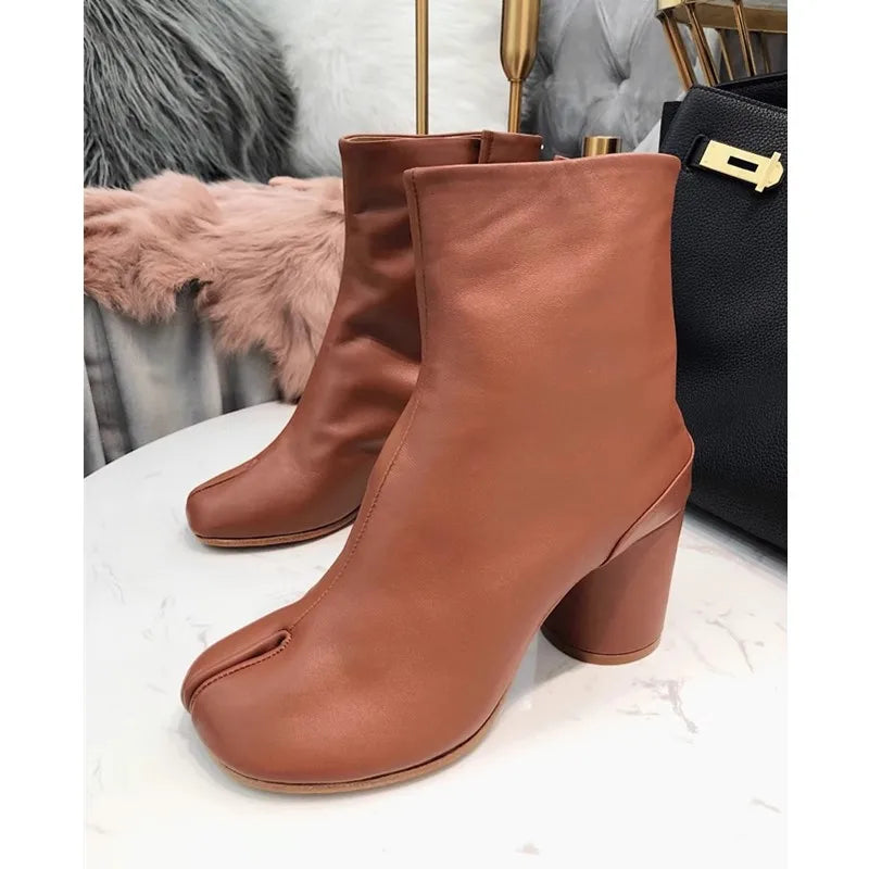 Leather Split Toe Tabi Boots For Women Chunky High Heels Women Shoes Ankle Boots Black Fashion Brand Designer Botas Mujer
