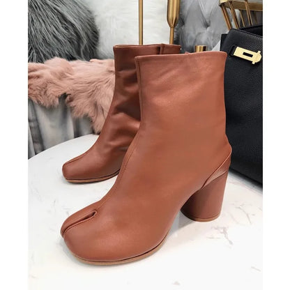 Leather Split Toe Tabi Boots For Women Chunky High Heels Women Shoes Ankle Boots Black Fashion Brand Designer Botas Mujer