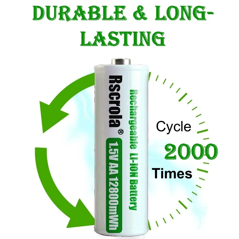 Rechargeable Lithium Battery AA 12800mWh Long-Lasting AA Rechargeable Batteries with Charger for Remote Controller Toys Doorbell