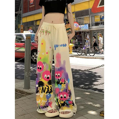 Kawaii Cute Dopamine Graffiti Casual Pants Women Tie Dye Summer Elastic High Waiste Drawstring Pockets Loose Wide Leg Trousers