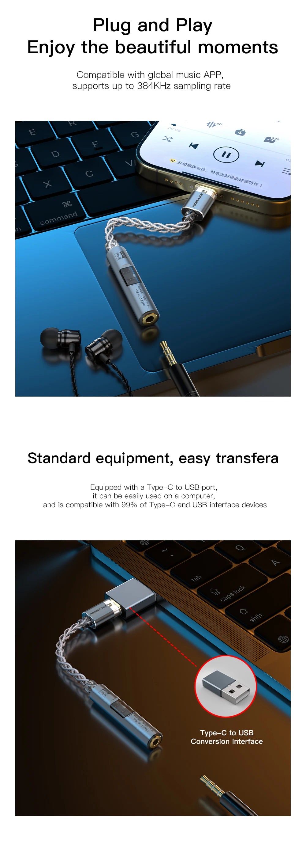 KEYSION Digital Audio Amplifier CX31993 MAX97220 Dual Chip USB C Type-C to 3.5mm DAC HiFi Audio Adapter AMP PCM 32bit 384KHz DAC