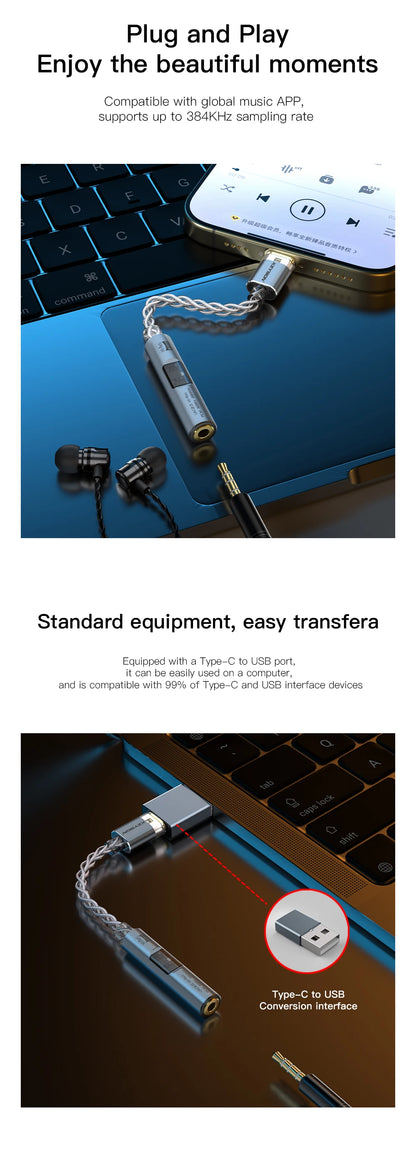 KEYSION Digital Audio Amplifier CX31993 MAX97220 Dual Chip USB C Type-C to 3.5mm DAC HiFi Audio Adapter AMP PCM 32bit 384KHz DAC