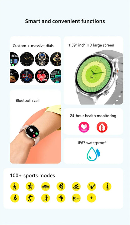 2025 New Smartwatch Women 1.39 inch AMOLED HD Screen Always On Display Custom dial Call IP68 Sport Smart Watch For women men