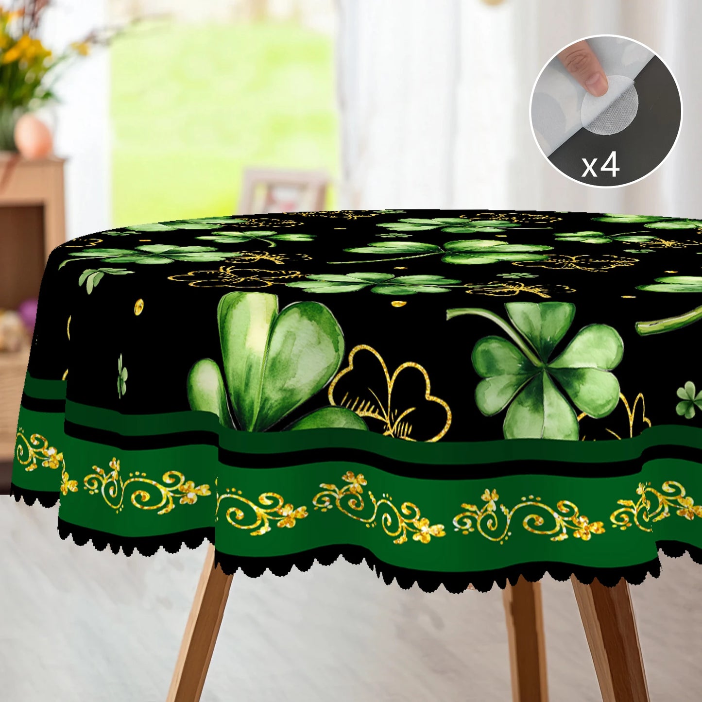 1 Piece of Clover Green Round Tablecloth, 5 Sizes Available, St. Patrick's Day Clover Pattern Printed Tablecloth, Edge Embossing Process, Spring Garden Tablecloth Decoration, Tablecloth for Daily Home Kitchen, Terrace, St.Hol