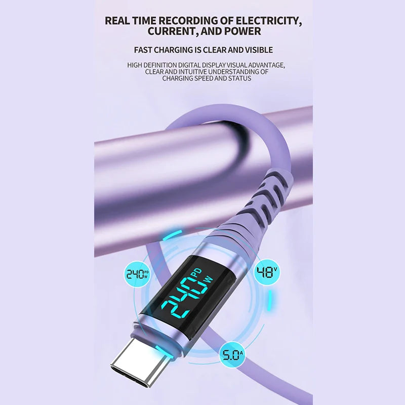 240W USB C Cable with Digital Display PD3.1 Fast Charging Cord for iPhone 17/1615 Pro Max Huawei Xiaomi iPad Laptop