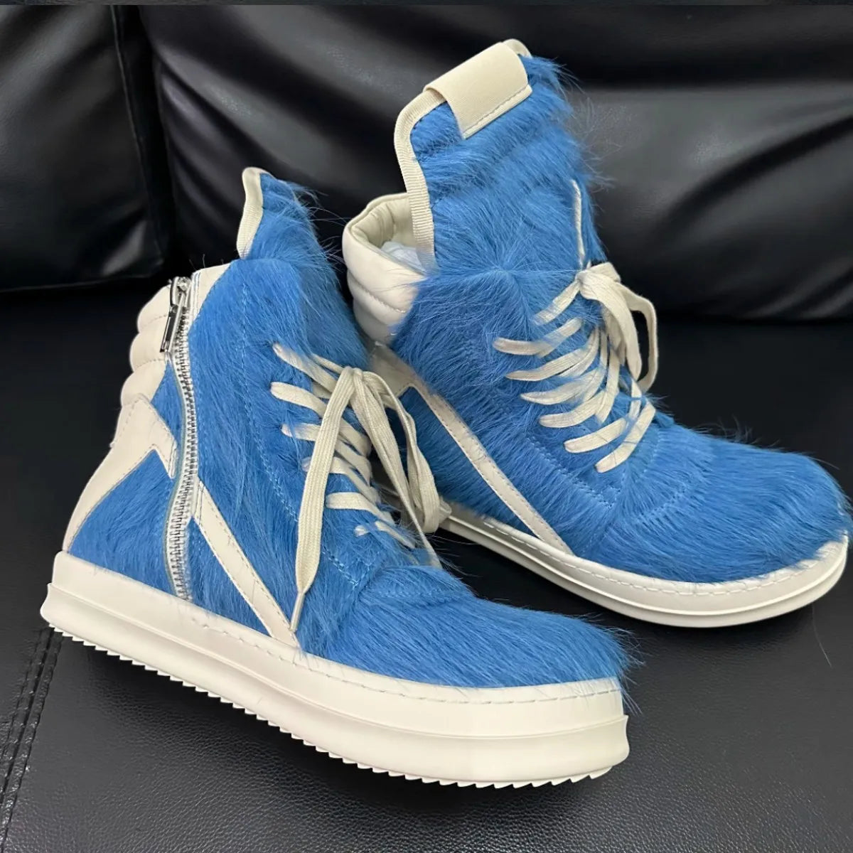 Ro Casual Shoes Men High Top Shoe Black Horse Hair Women Sneaker Black Horsehair Ankle Boot White Leather Boots Flat Sneakers