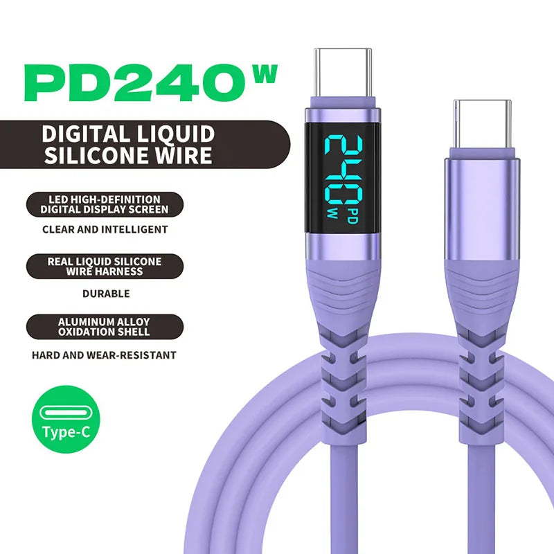 240W USB C Cable with Digital Display PD3.1 Fast Charging Cord for iPhone 17/1615 Pro Max Huawei Xiaomi iPad Laptop