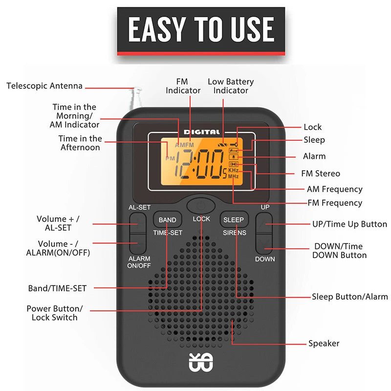 Portable Radio Mini AM FM Weather Radio Pocket Radio Player LCD Screen Digital Alarm Clock Radio Long Range Best Reception