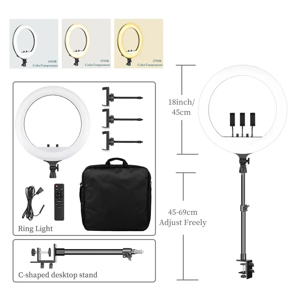 SH 18 Inch Knob Ring Light LED Selfie Video Lamp With Tripod Stand Phone Clip For YouTube Live Lighting Photo Photography Studio