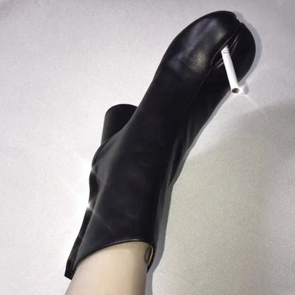 Leather Split Toe Tabi Boots For Women Chunky High Heels Women Shoes Ankle Boots Black Fashion Brand Designer Botas Mujer