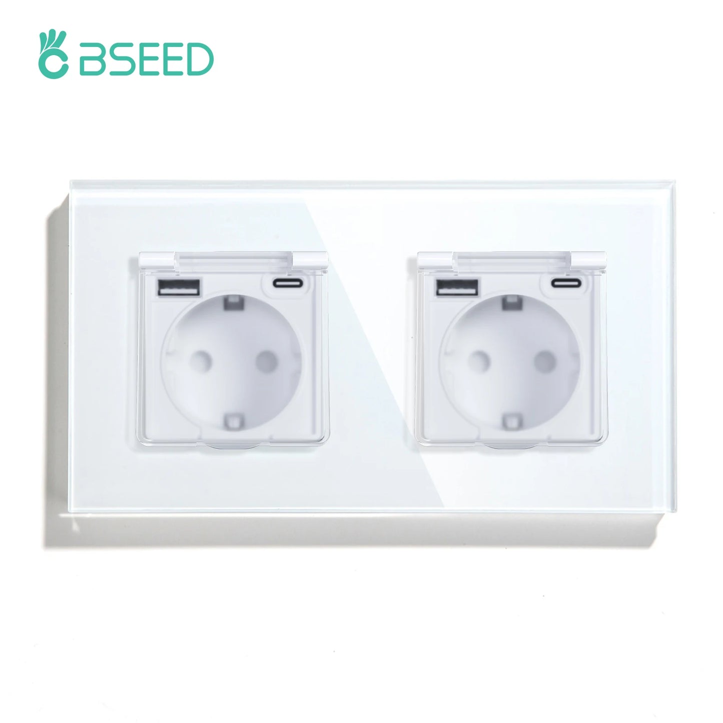 BSEED Single EU Wall Socket USB Type-c Ports Double Waterproof Cover Bathroom Power Sockets Triple Glass Electric Outlets 16A