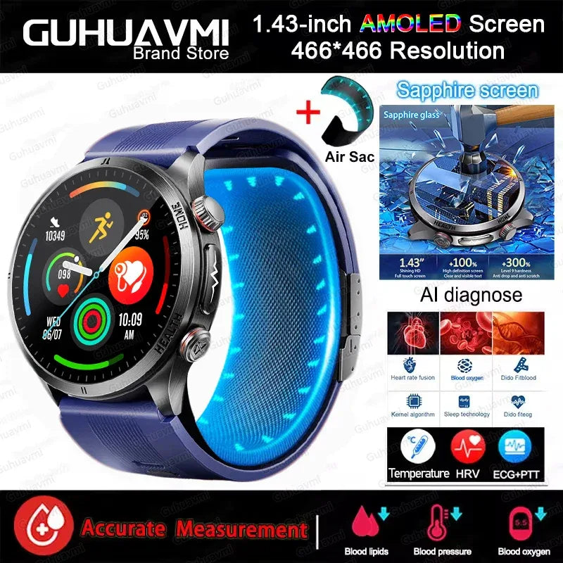 New Blood pressure Non-invasive Health Monitor Airbag Sports Smart Watches ECG+PPG Precise 1.43-inch AMOLED Calls Smartwatch NFC