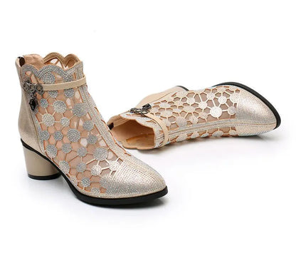 2025 Spring Summer Fashion Rhinestones Gauze Sandals Thick Heels Mesh Autumn Ankle Boots Female Hollow Women's Shoes